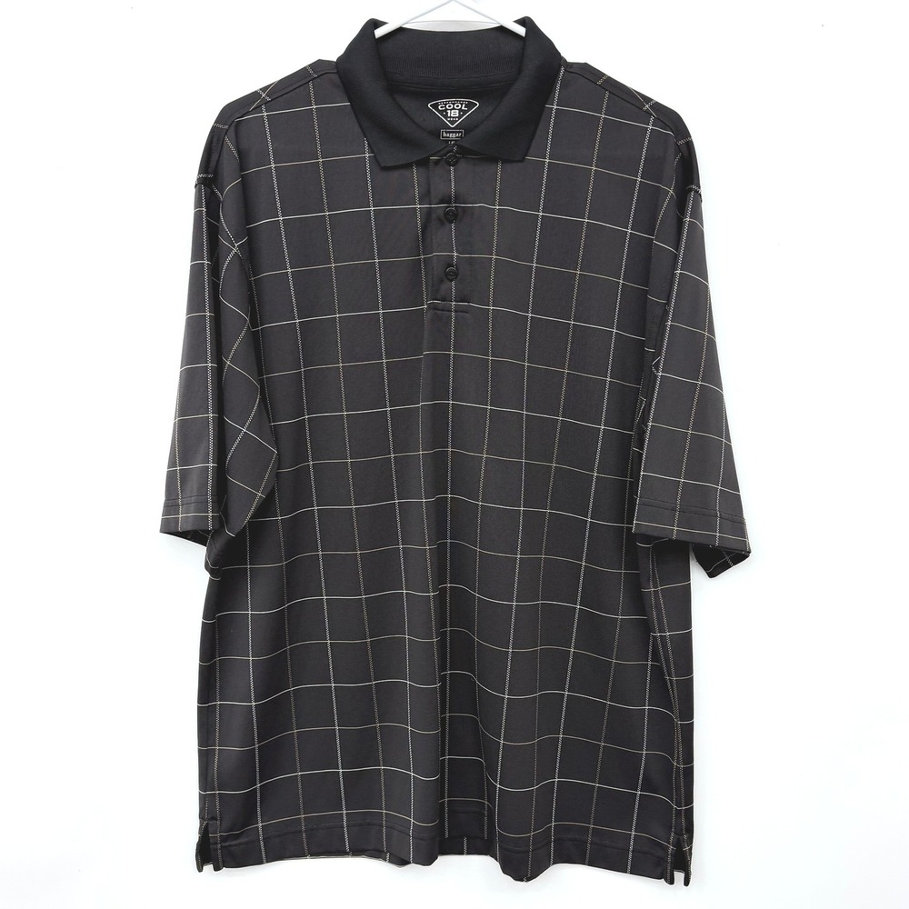 Haggar Cool 18 Mens Black Windowpane Plaid Performance Polo Shirt Large 40004